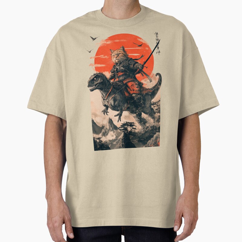 Samurai Cat Riding A Dinosaur Unisex Graphic T Shirt  Short Sleeve Tee Everyday Casual Wear