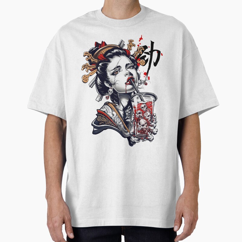 Japanese Geisha Girl Vaporwave Cyberpunk Popart Urban Style Unisex Graphic T Shirt  Short Sleeve Tee Everyday Casual Wear