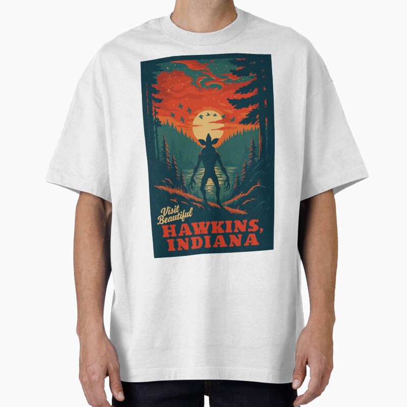 Visit Beautiful Hawkins , Indiana | National Park-Style Vintage Wpa Travel Art | Stranger Things Fan Art Satire | 12" X 18" Print Unisex Graphic T Shirt  Short Sleeve Tee Everyday Casual Wear