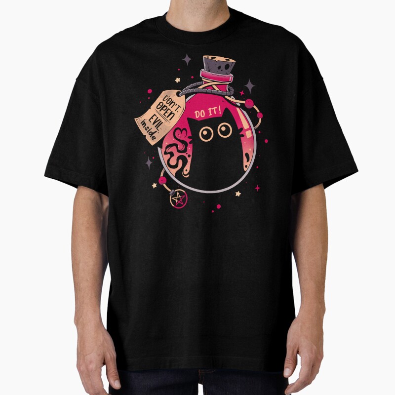 Bottled Menace - Evil Black Cat Unisex Graphic T Shirt  Short Sleeve Tee Everyday Casual Wear