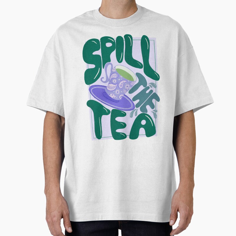 Spill The Tea - Retro Hand Lettering - Green And Purple Unisex Graphic T Shirt  Short Sleeve Tee Everyday Casual Wear