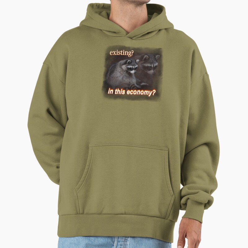Existing? In This Economy? Sad Raccoon Word Art Unisex Hoodie Pullover Casual Streetwear Graphic Print