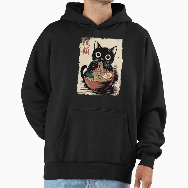 Ramen Cat - Black Cat Eating Ramen - Japanese Noodles - Cute Anime Style Art Unisex Hoodie Pullover Casual Streetwear Graphic Print