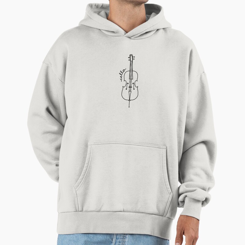 Black And White Cello Art With Cursive Label Unisex Hoodie Pullover Casual Streetwear Graphic Print