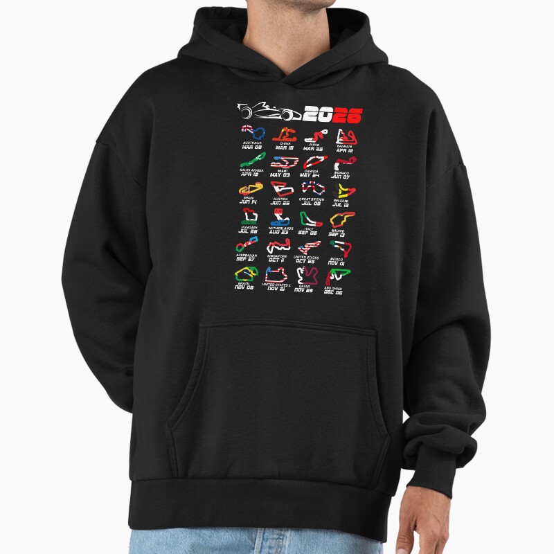 Calendar Formula Race Cars 2026 Circuits Colors V2 Unisex Hoodie Pullover Casual Streetwear Graphic Print