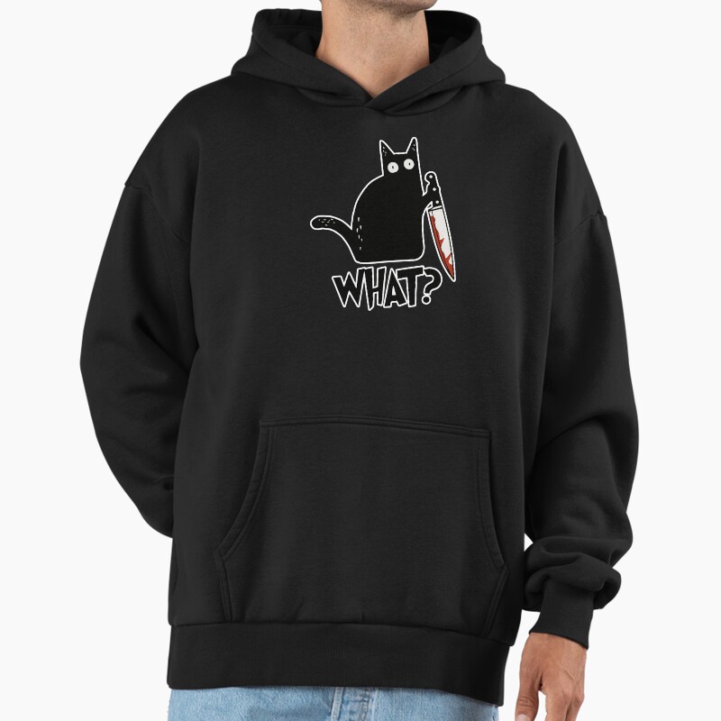 Cat What? Murderous Black Cat With Knife Gift Premium Unisex Hoodie Pullover Casual Streetwear Graphic Print