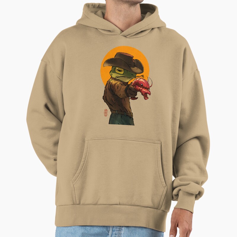 Gunslinger Cowboy Western Frog With Pistol Shrimp Crawdad Artwork Drawing Unisex Hoodie Pullover Casual Streetwear Graphic Print