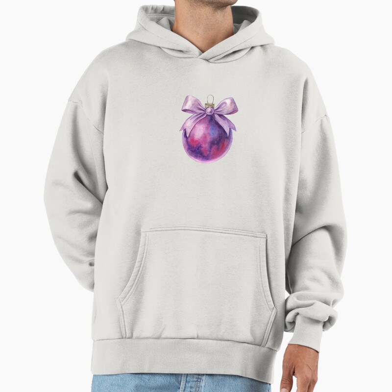 Purple Watercolour Christmas Bauble With Bow Unisex Hoodie Pullover Casual Streetwear Graphic Print
