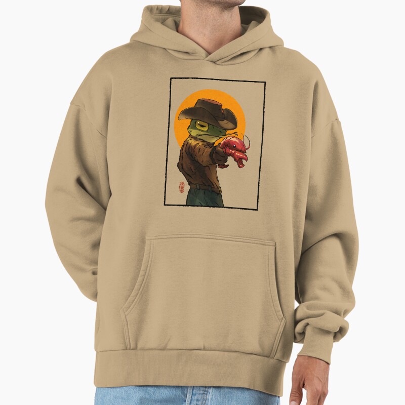 Gunslinger Cowboy Western Frog With Pistol Shrimp Crawdad Artwork Drawing With Frame Unisex Hoodie Pullover Casual Streetwear Graphic Print