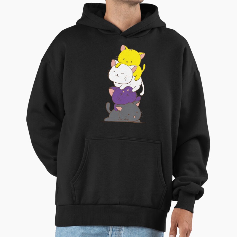 Nonbinary Pride Flag Kawaii Cats Cute Lgbtq Non-Binary Kitty For Enby Unisex Hoodie Pullover Casual Streetwear Graphic Print