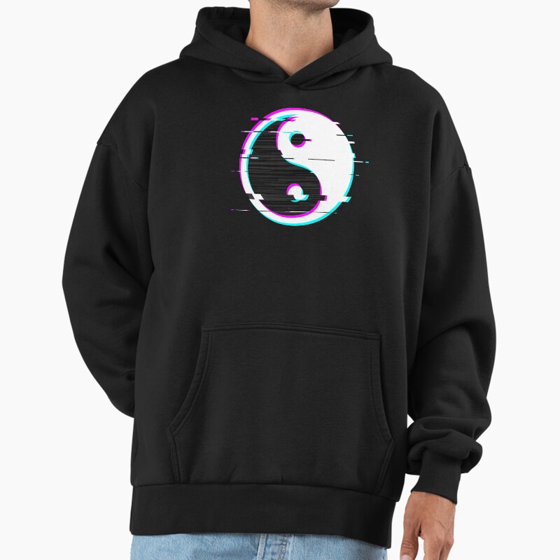 Glitch Yin Yang Unisex Hoodie Pullover Casual Streetwear Graphic Print