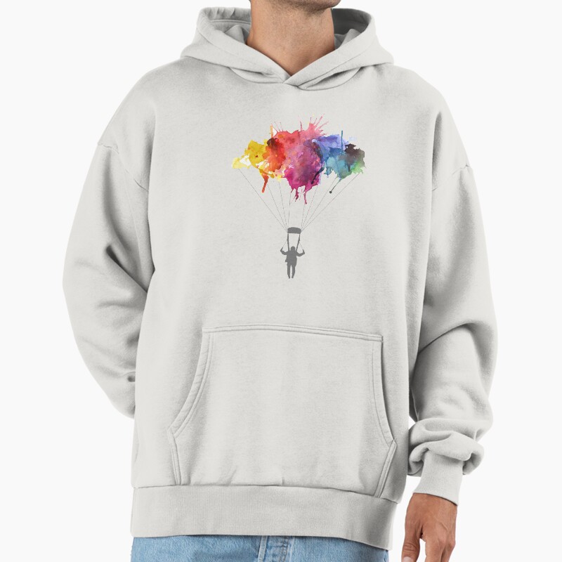 Skydiving, Skydiver Parachute, Parachuting. Watercolor Illustration Unisex Hoodie Pullover Casual Streetwear Graphic Print