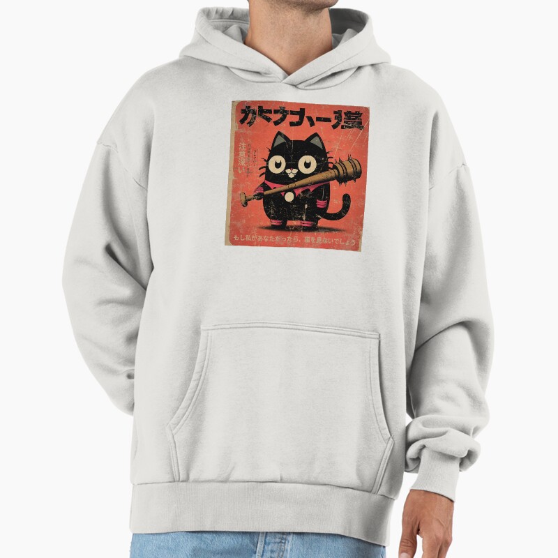 Retro Black Cat With Baseball Bat Funny Cartoon Comic Unisex Hoodie Pullover Casual Streetwear Graphic Print