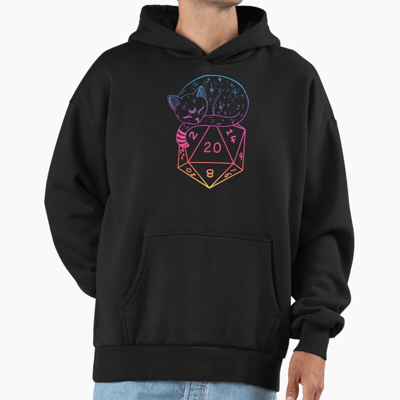 D20 Cat: Rainbow Dnd Dice. Unisex Hoodie Pullover Casual Streetwear Graphic Print