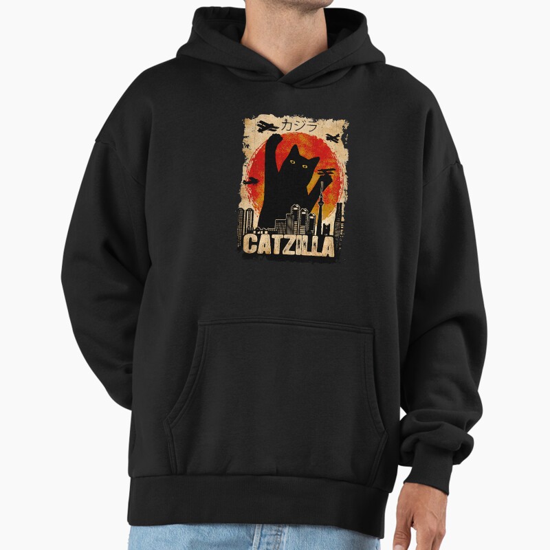 Vintage Catzilla Funny Black Cat T-Shirt Unisex Hoodie Pullover Casual Streetwear Graphic Print