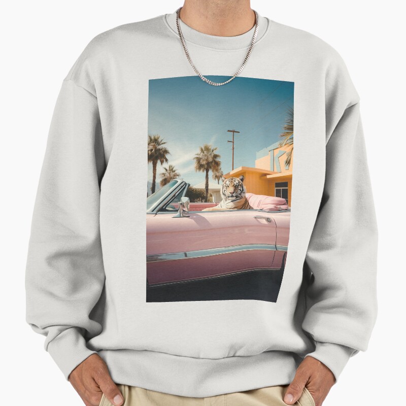 Cool Tiger In A Pastel Cabrio In Palm Springs Unisex Sweater Crewneck Pullover Casual Streetwear Graphic Print