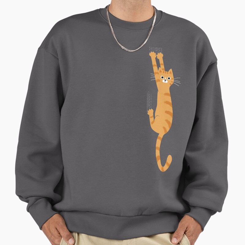 Orange Tabby Cat Hanging On | Funny Striped Cat Unisex Sweater Crewneck Pullover Casual Streetwear Graphic Print