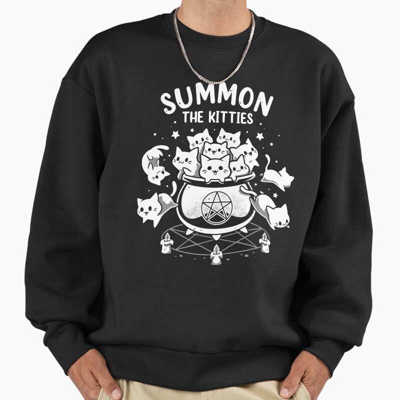 Summon The Kitties - Witchy Cat Ritual Unisex Sweater Crewneck Pullover Casual Streetwear Graphic Print