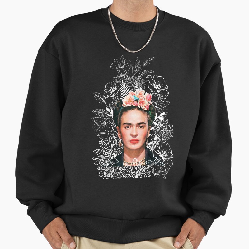 Frida Kahlo Portrait Color, White Flowers, Black Background Unisex Sweater Crewneck Pullover Casual Streetwear Graphic Print