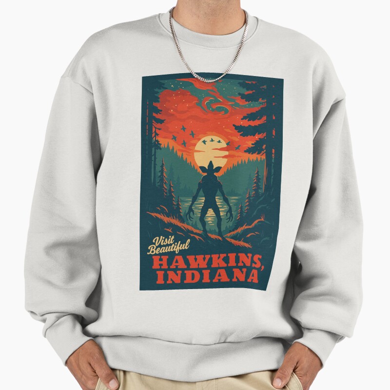 Visit Beautiful Hawkins , Indiana | National Park-Style Vintage Wpa Travel Art | Stranger Things Fan Art Satire | 12" X 18" Print Unisex Sweater Crewneck Pullover Casual Streetwear Graphic Print