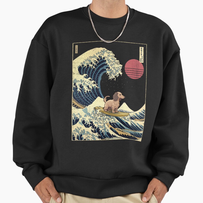 Dachshund Kanagawa Japanese Surfing Wave Unisex Sweater Crewneck Pullover Casual Streetwear Graphic Print