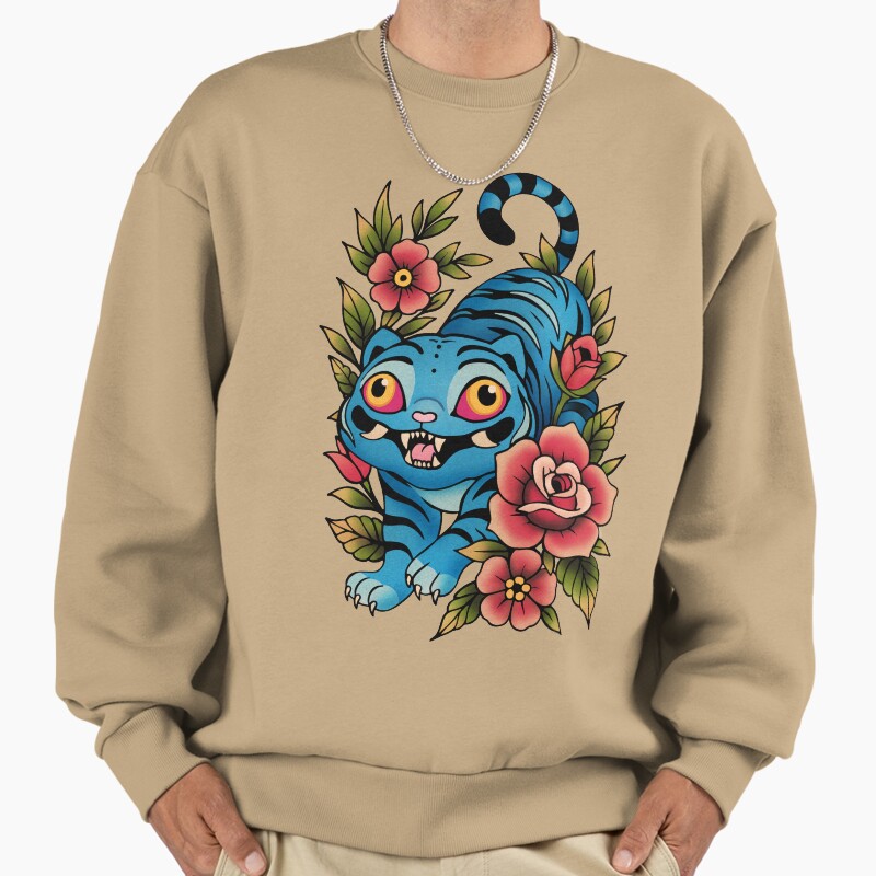 Korean Blue Tiger Tattoo Unisex Sweater Crewneck Pullover Casual Streetwear Graphic Print