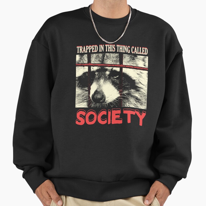 Society Raccoon Unisex Sweater Crewneck Pullover Casual Streetwear Graphic Print