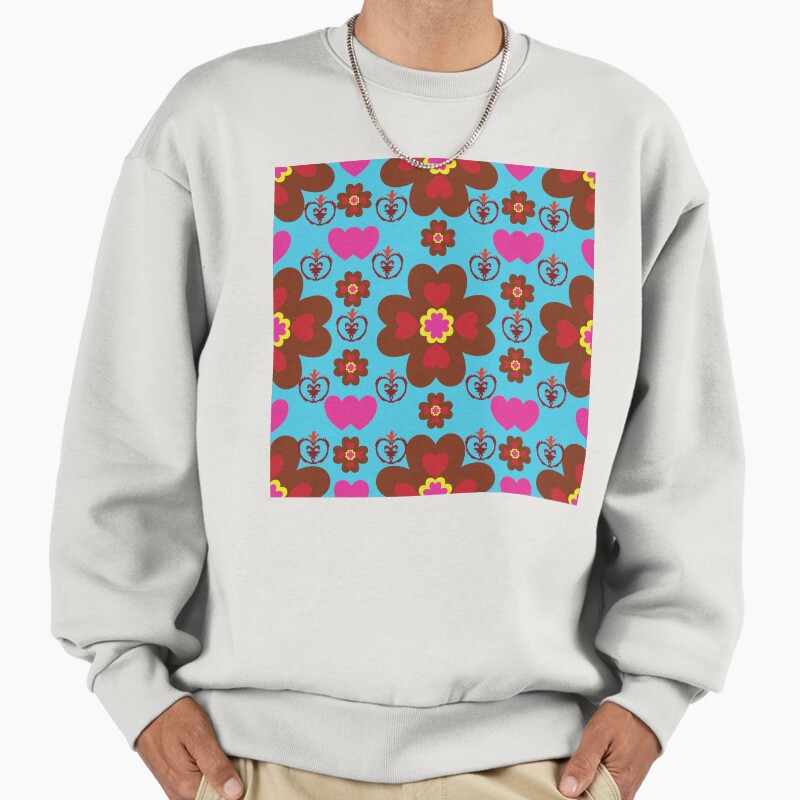 Blue Heart Floral Pattern  Bright Retro Love Design Unisex Sweater Crewneck Pullover Casual Streetwear Graphic Print