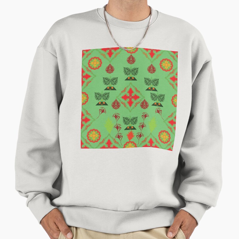 Thai Festival Motif  Leaf Green Harmony Unisex Sweater Crewneck Pullover Casual Streetwear Graphic Print