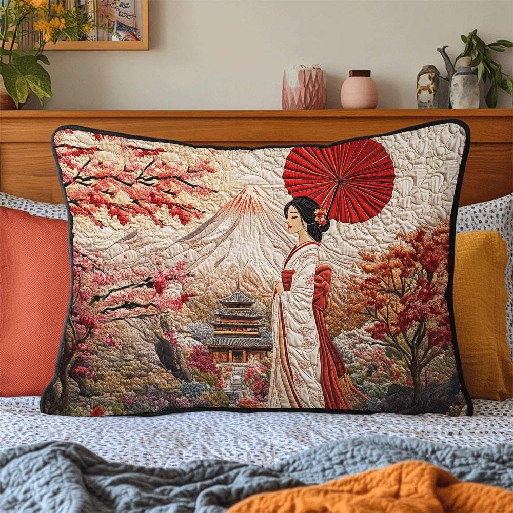 Japanese Geisha Quilted Pillowcase — Oriental Floral & Geisha Art Accent, Soft Quilted Textile For Elegant Bedroom Or Guest Room