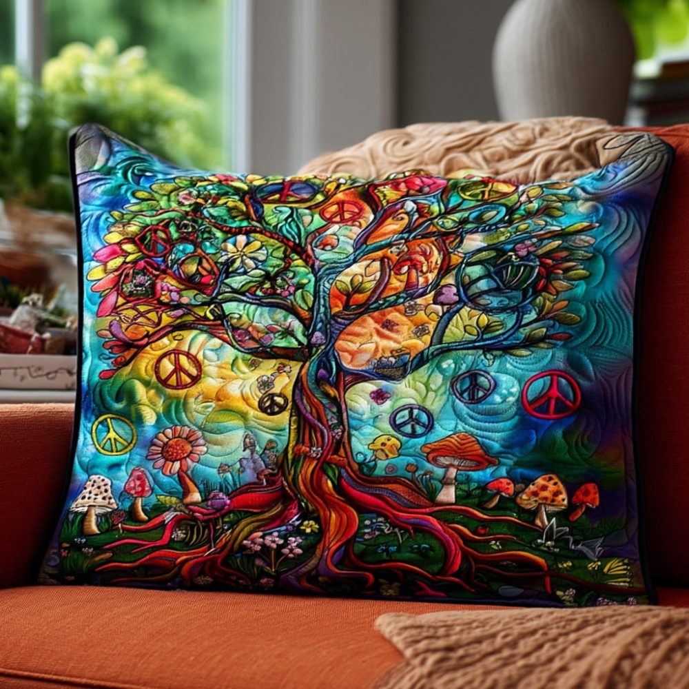 Peace Of Life Quilted Pillow Cover — Serene Botanical Quilted Throw Pillowcase For Calm Bedroom, Living Room & Mindful Interiors