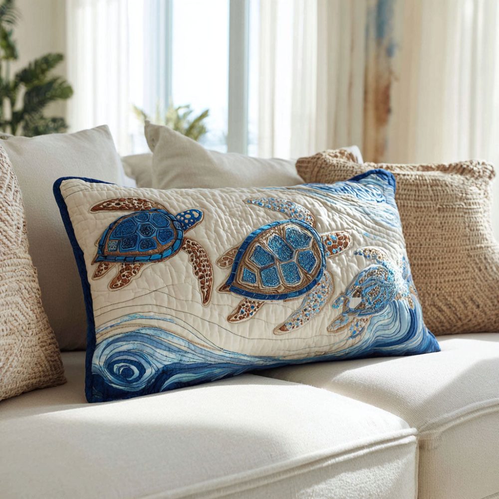 Turtle V2 Quilted Pillow Cover — Coastal & Nautical Quilt-Textured Throw Pillowcase, Stylish Accent For Beach House Or Living Room