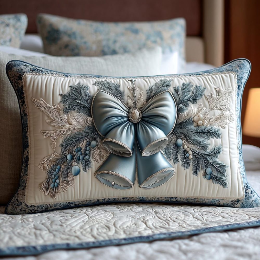 Yuletide Bell Glow Quilted Pillow Cover — Luxurious Christmas Bell Throw Pillowcase With Quilted Texture For Festive Home Decor