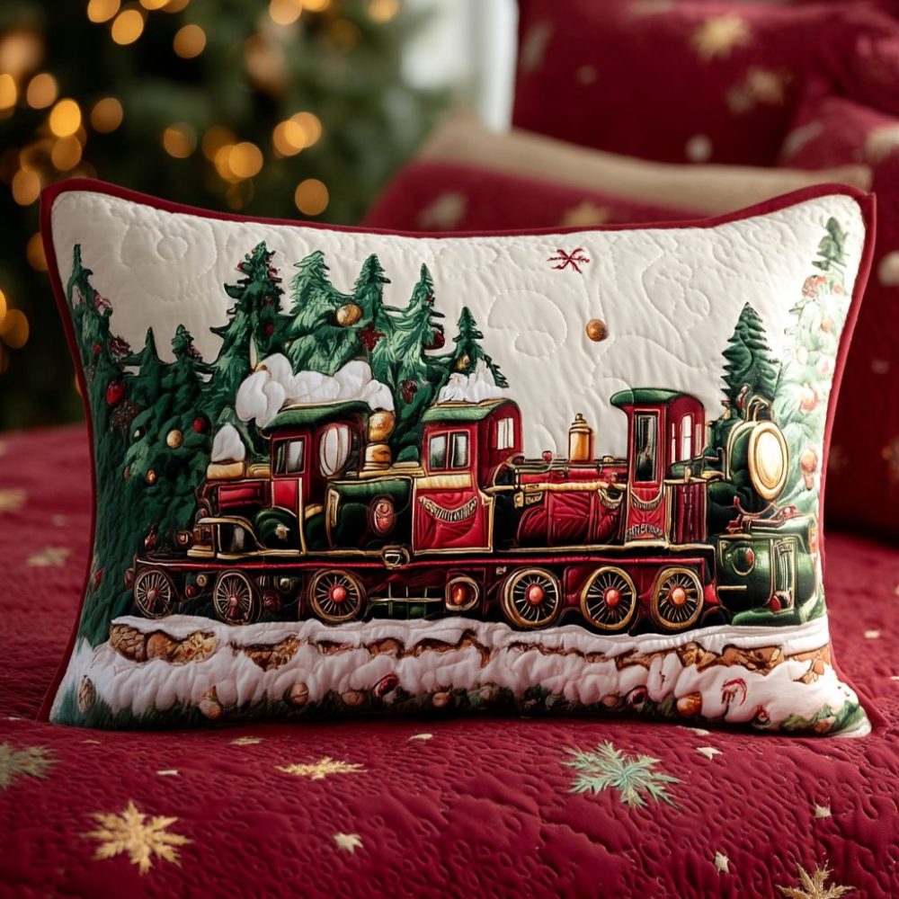 Festive Train Adventure Quilted Pillow Cover — Playful Holiday Train Throw Pillowcase, Quilted Decorative Accent For Kids & Family Rooms