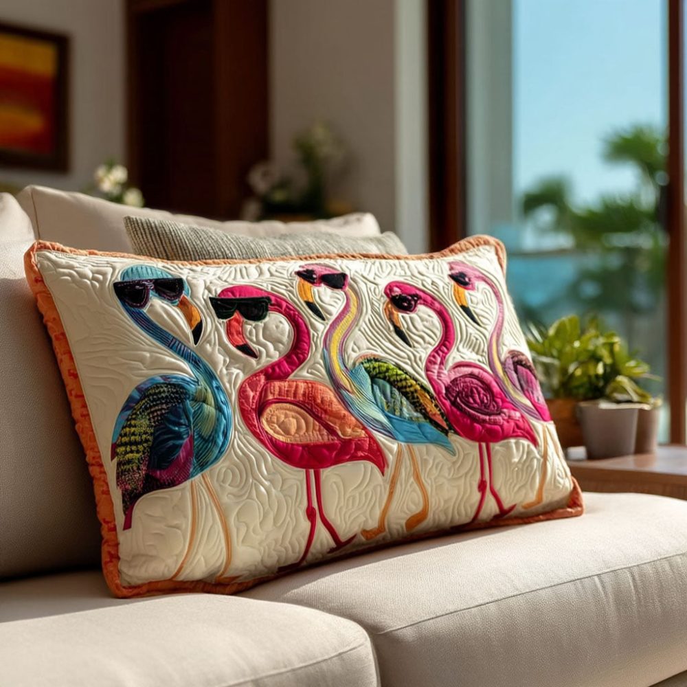Dance Of The Flamingo Quilted Pillow Cover — Tropical Flamingo Decorative Pillowcase, Vibrant Stitched Accent For Patio & Indoor Living Spaces