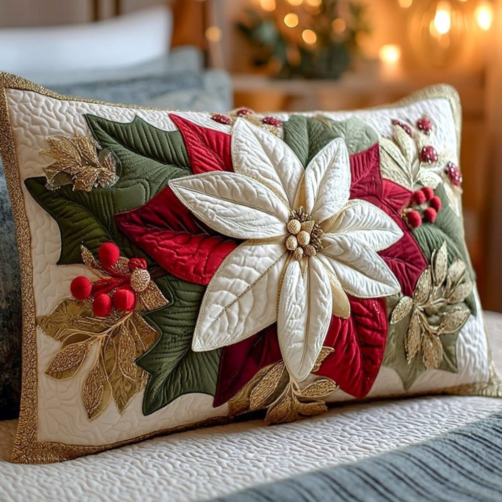 Poinsettia Bloom Quilted Pillow Cover — Festive Floral Christmas Throw Pillowcase For Seasonal Sofa, Bed & Holiday Mantel Styling