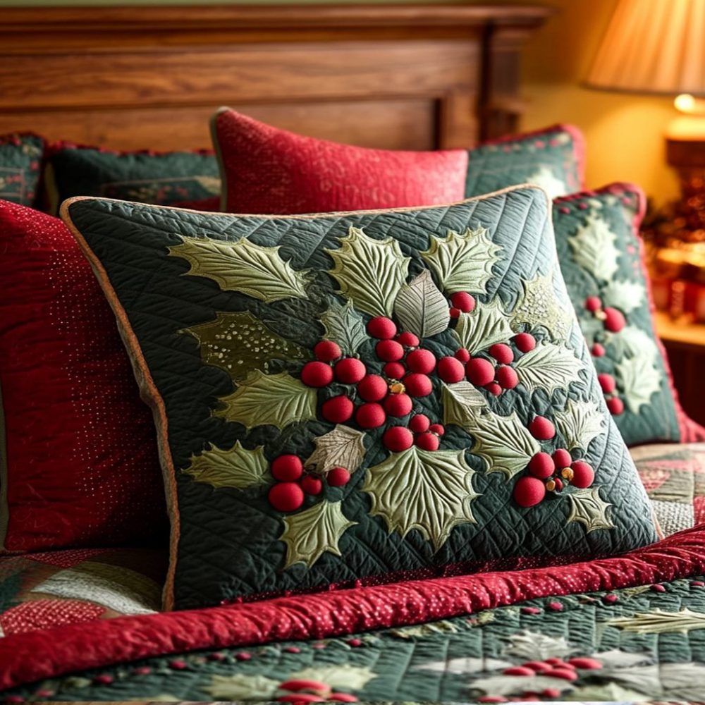 Holly Berry Dreams Quilted Pillow Cover — Festive Red & Green Holly Accent, Soft Quilted Cotton-Blend Decorative Throw Pillowcase