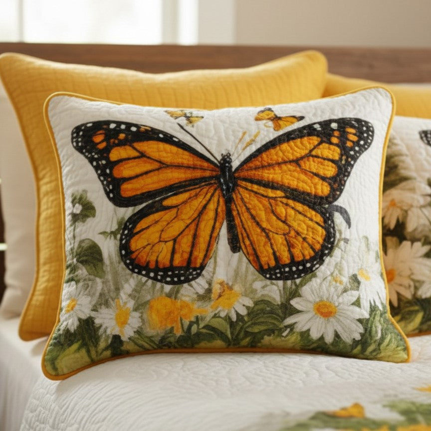 Monarch Meadow Quilted Pillowcase — Butterfly-Inspired Floral Print, Cozy Cotton Feel, Decorative Shams For Farmhouse & Modern Beds