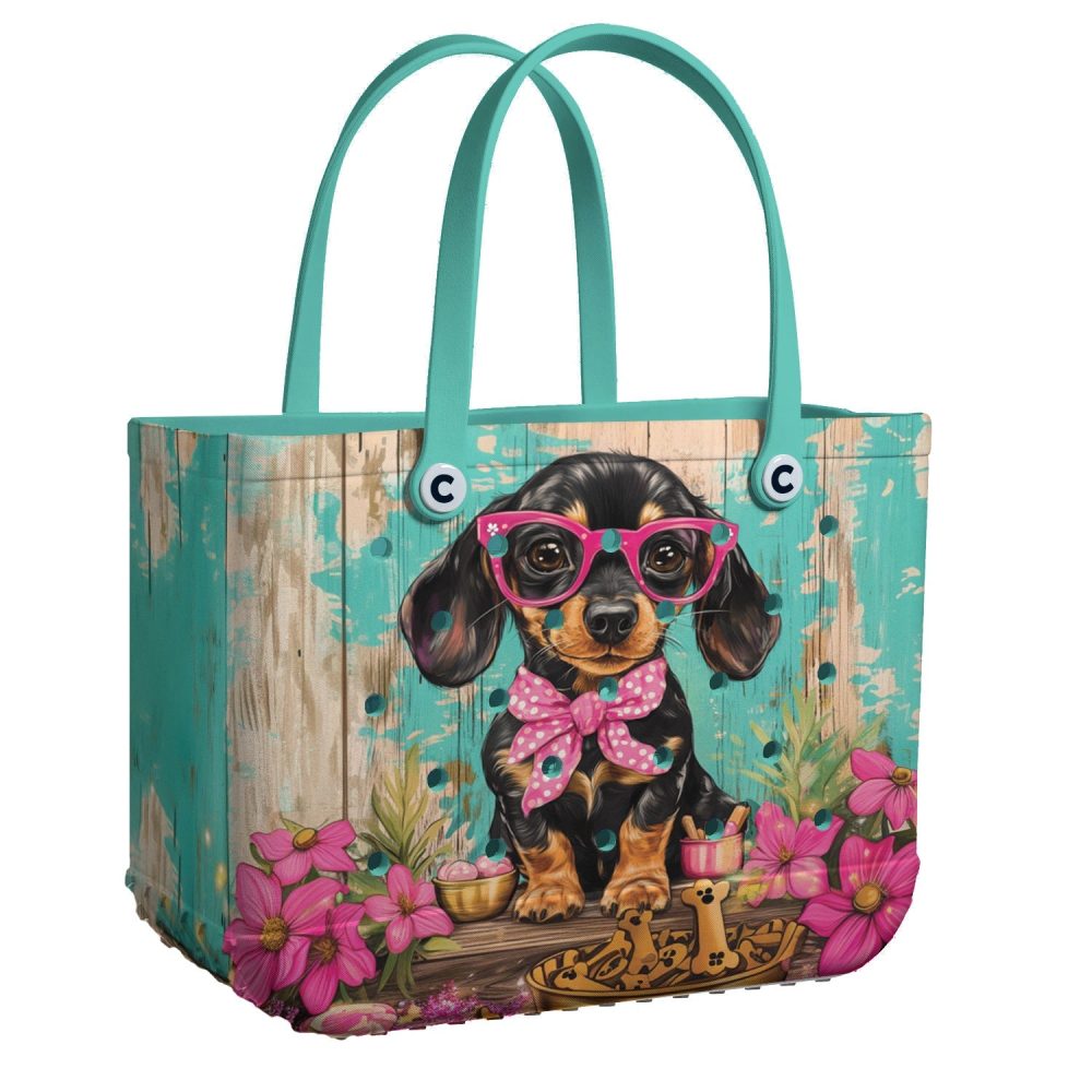 Chic Dachshund Tote Bag - Cute Dog Design With Pink Glasses & Floral Accents - Perfect Gift For Dog Lovers