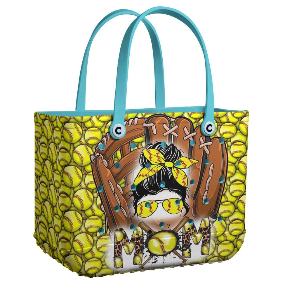 Stylish Softball Mom Tote Bag - Trendy Sports Design With Blue Handles - Perfect Gift For Baseball Lovers