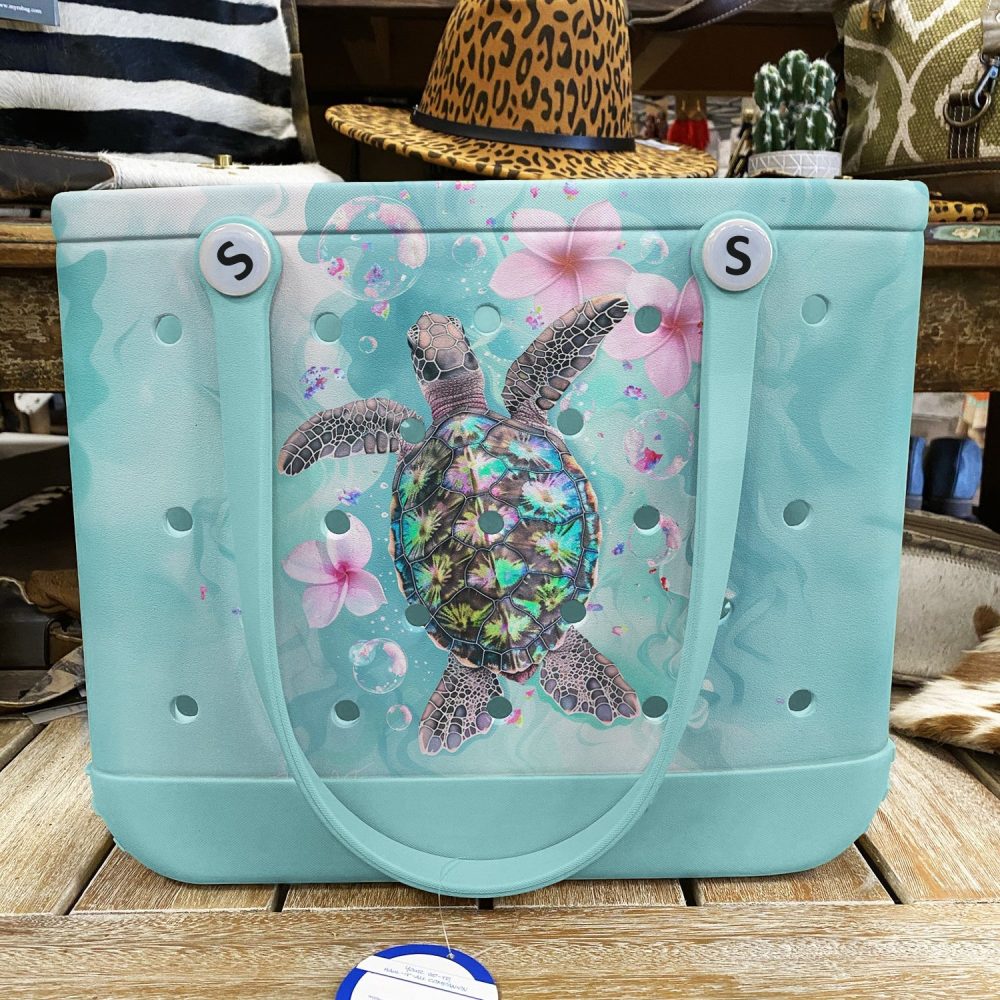 Stylish Sea Turtle Tote Bag With Floral Design - Perfect For Beach & Shopping