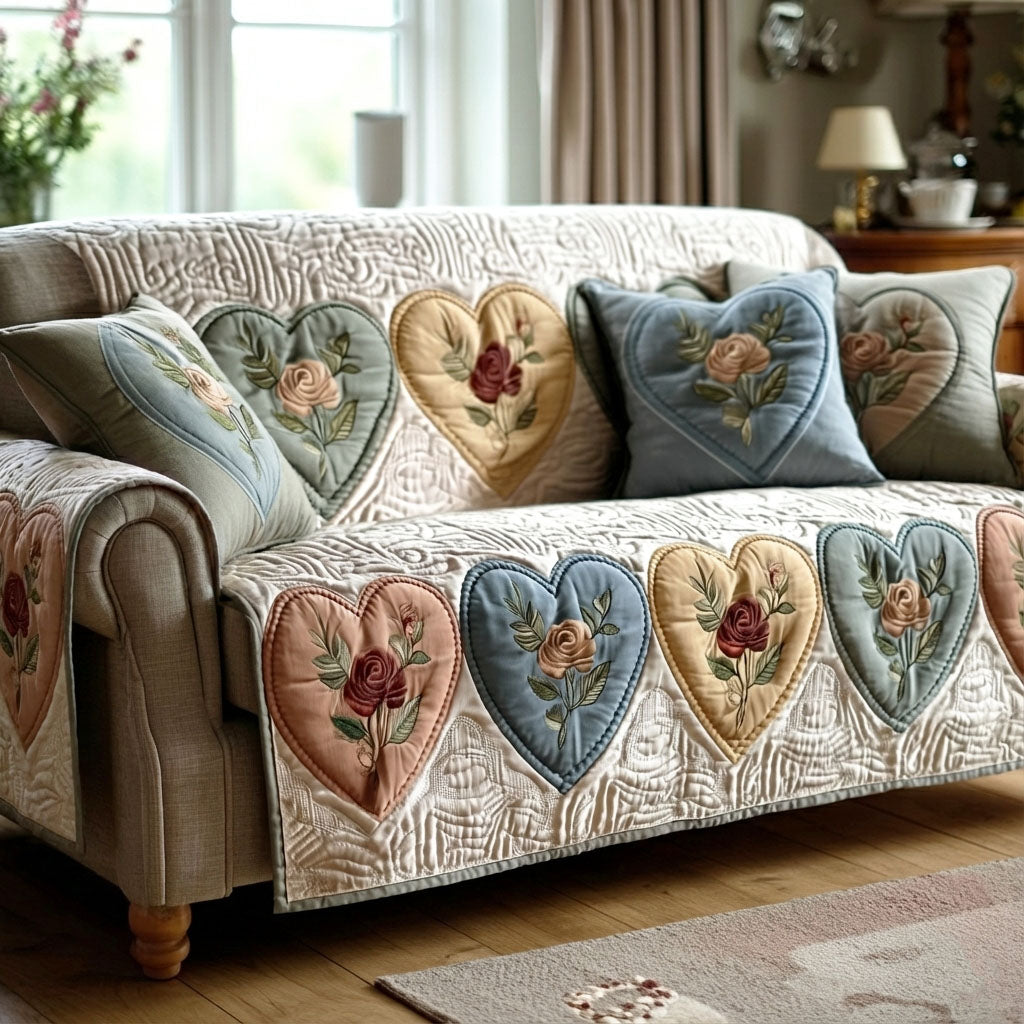 Vintage Bloom Hearts Quilted Couch Cover Washable Furniture Covers For Pets Mothers Day Presents For Grandma