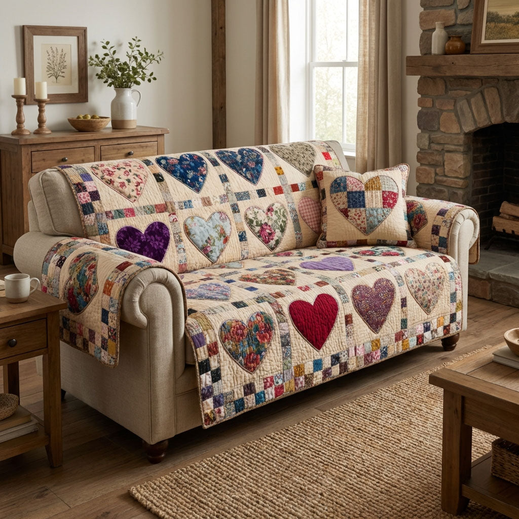 Patchwork Love Quilted Couch Cover Washable Settee Covers For Dogs Moms Day Gift Ideas