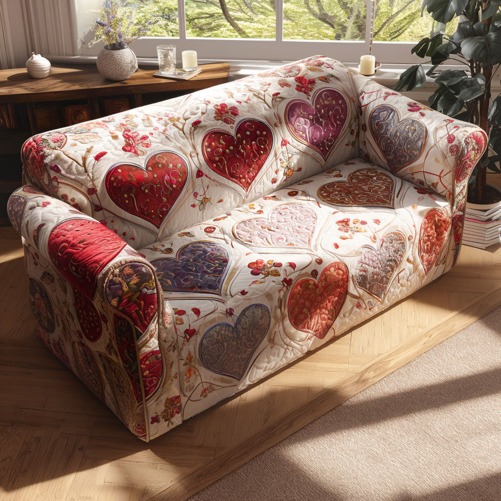 Pastel Hearts Quilted Couch Cover Washable Sofa Pet Protector Practical Gifts For Mom