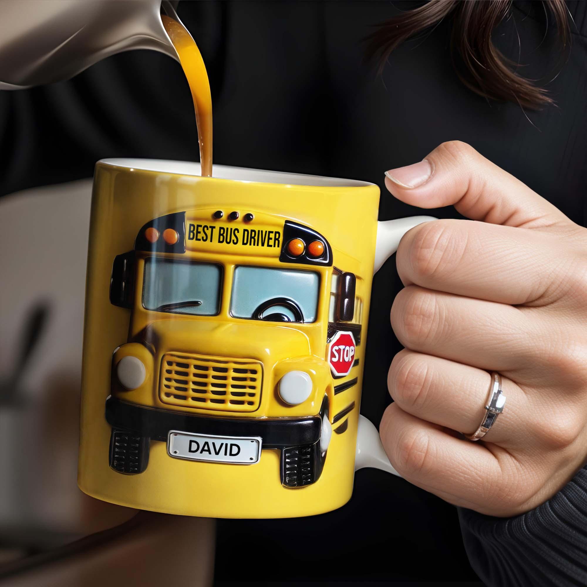 Personalized Best Bus Driver Mug, Custom Name School Bus Coffee Cup, End Of Year Appreciation Gift, 3d Inflated Effect Print 2d Ceramic Mug, Unique Yellow Bus