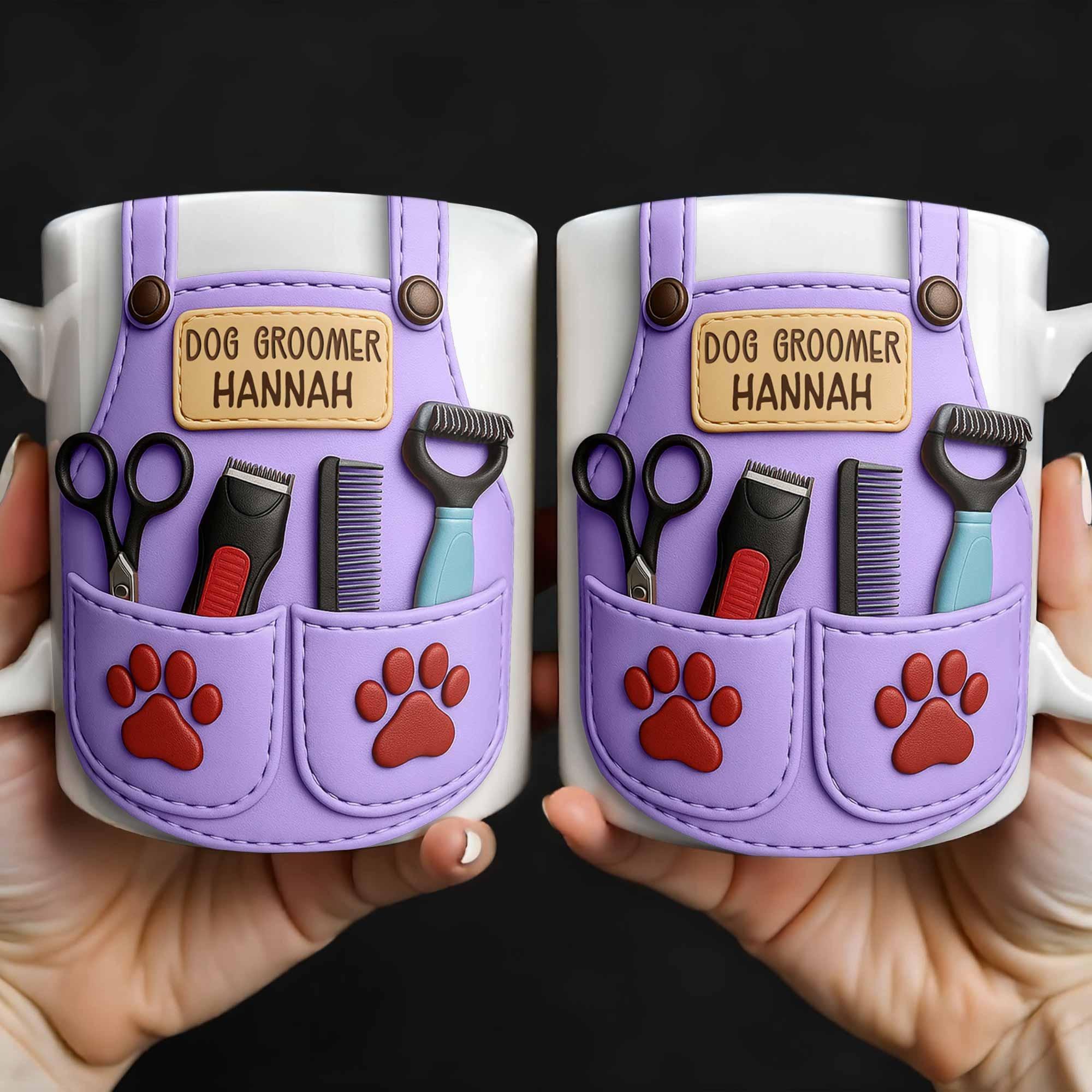 Personalized 3d Graphic Effect Dog Groomer Coffee Mug, Custom Name Purple Apron Ceramic Cup, Paw Print Grooming Tools, Professional Animal Care Drinkware