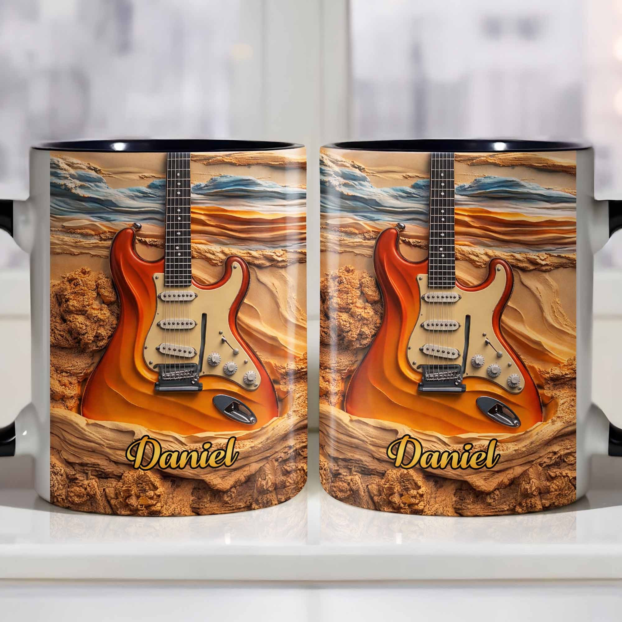 [Flash Deals] Bojjiartist Personalized Electric Guitar Canyon Coffee Mug – Custom Name Rockstar Gift, 3d Effect Sunburst Guitar Illustration Cup, Music Teacher Appreciation Present