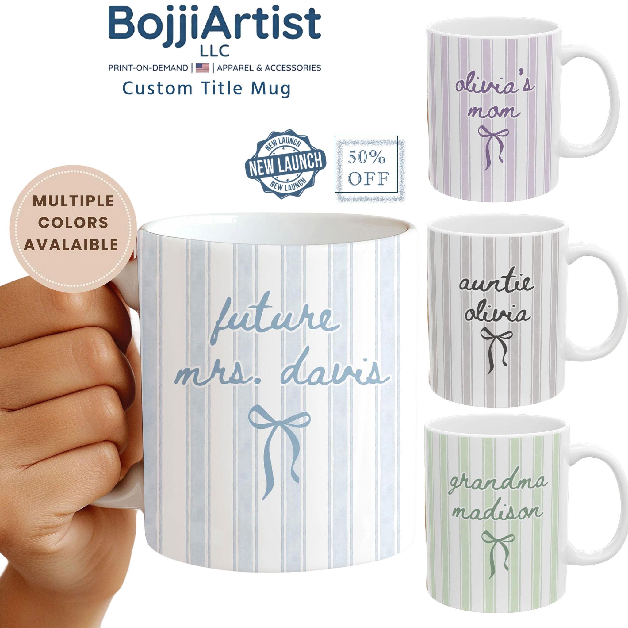 [Flash Deal] Bojjiartist Custom Auntie Name Coffee Mug – Personalized Future Mrs Coquette Bow Cup, Aesthetic Striped Pastel Ceramic Mug With Ribbon, Whimsical Auntie Grandma Mama Gift Idea