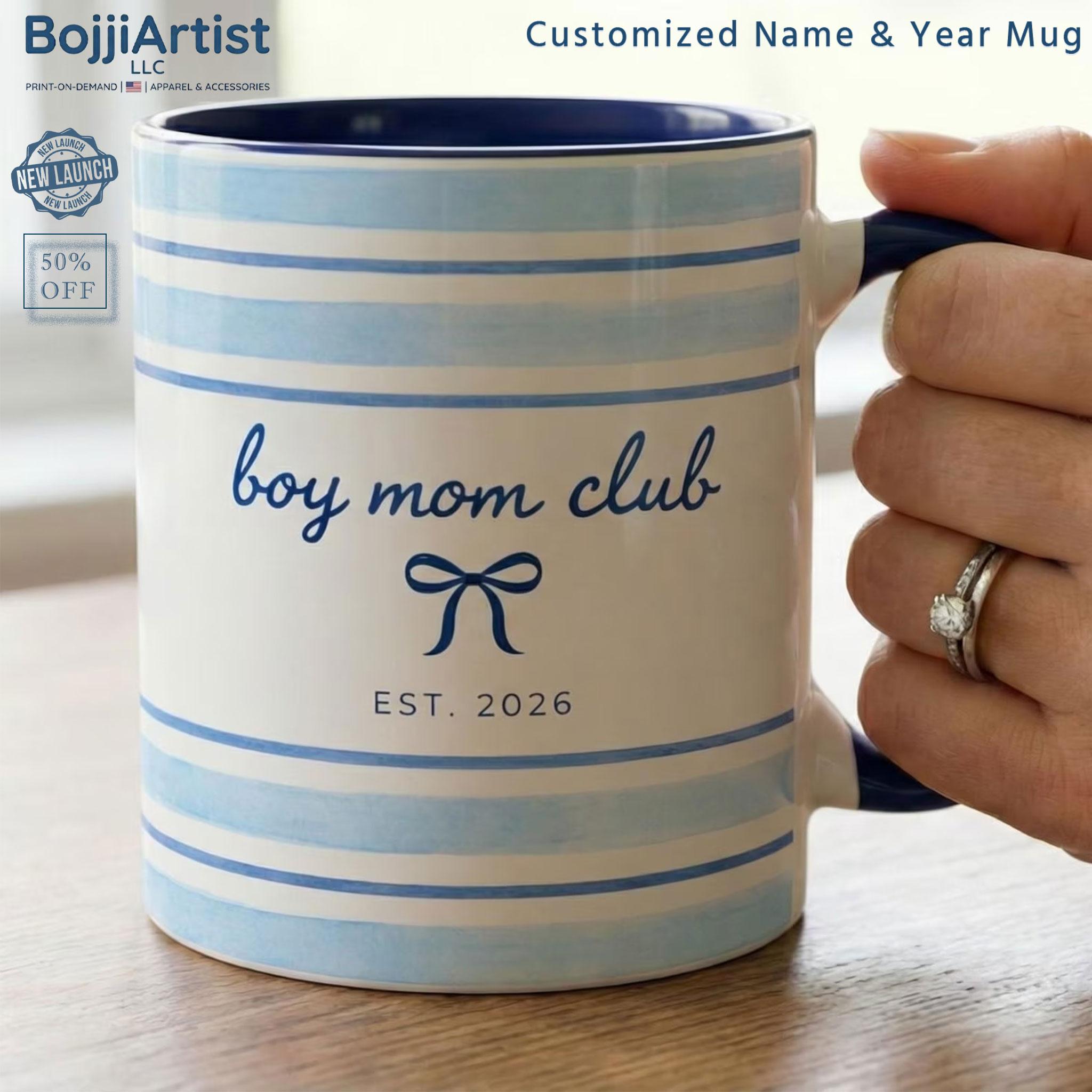 [Flash Deal] Bojjiartist Personalized Boy Mom Name & Year Mug – Custom Coquette Bow Aesthetic Coffee Cup, Custom Established Year Gift, Whimsical Blue Ribbon Ceramic Cup