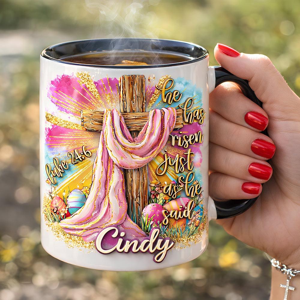 Personalized Easter He Has Risen Mug, Custom Name Religious Cross Coffee Cup, Luke 24:6 Bible Verse Drinkware, Pink Coquette Faith Based Cup, Aesthetic Christian Devotional Gift, Resurrection Sunday Keepsake